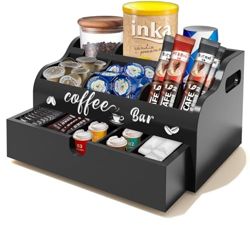 OT-NVWOZR Organizzatore per bar con cassetto, organizer per stazioni di caffè a 2 livelli per piano di lavoro, accessori regolabili per bar, in legno, per tè, caffè, condimenti, nero