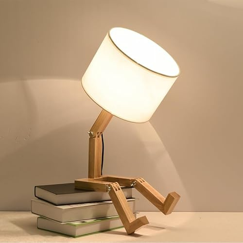 robot simpatico lampada da tavolo,lampadas da comodino in legno ,lamp tavolo creativa base in legno forma regolabile,divertente luce di lettura funky per camera da letto,studio,ufficio,vivaio(E27)