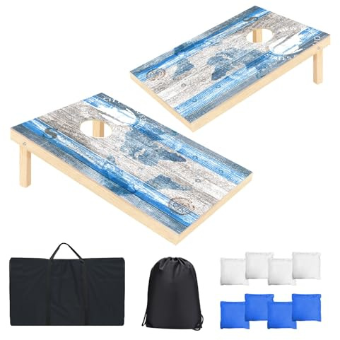 Cornhole - Règlement de jeu - Dimensions : 91 x 61 cm - En bois massif - Avec 2 planches de trou de maïs, 8 poufs et 1 sac de transport - Jeu de cornhole pour l'extérieur, la plage, les adultes, les