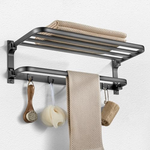 Towel Rail with Towel Bar Holder, Towel Rail with 5 Hooks, Towel Rack Wall Mounted Foldable, Drilling, 2-Tier Towel Storage with Shelf for Bathroom, Lavatory, Hotel, Grey, Aluminum (58cm)