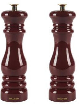 Salter Chester Salt & Pepper Mill Set - 2-Pc, Universal Ceramic Grind, Adjustable from Fine to Coarse, Refillable, Single Manual Twist Grinder for Cooking, Extra Cap Included, High Gloss Acrylic, Red