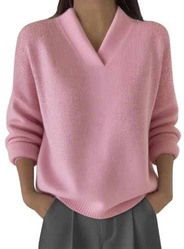 Tomwell Pull Femme Col Profond en V Lâche Couleur Unie Pulls en Tricot Manche Longue Chaud Haut Tricoté A Rose XL