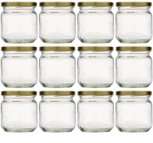 Flaschenland 12 Rundgläser 212 ml mit goldenem Deckel Marmeladenglas Pestoglas Einmachglas, ideal für Marmelade, Pesto, Gelee oder Babynahrung, backofenfest | Made in Germany