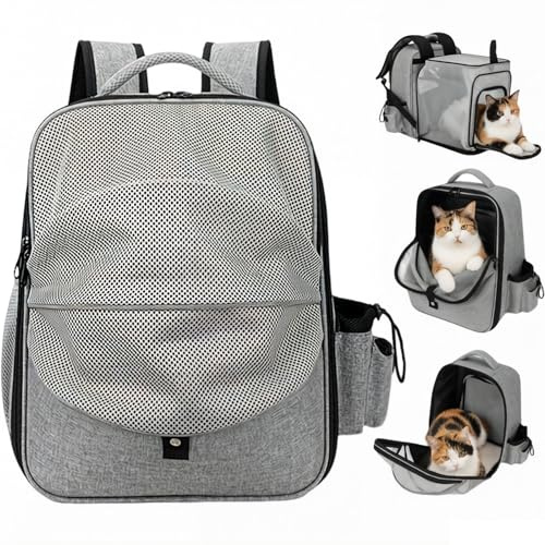 Transportin Gato,Mochila Extensible para Perros Pequeños y Gatos,Mochila Gato,Mochila Perro,Características de Seguridad y Soporte Acolchado para la Espalda,Carga Máxima 15kg - Impermeable - Gris