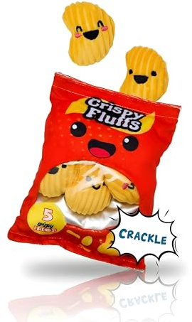 alldoro 60270 - Bolsa de Patatas Fritas de Peluche (6 Piezas, con 5 Caras, Efecto crujiente y Cierre de, Aprox. 18 x 14 cm, para niños a Partir de 3 años)