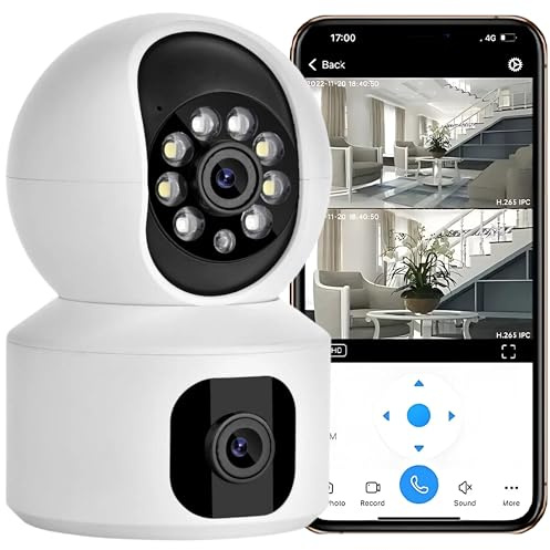 WiFi-övervakningskamera för inomhussäkerhet - IP-kamera med två linser 1080P | Videokamera övervakning för hundar och barn, övervakningskameror för hem wifi med larm, ljus, rörelsedetektering. D