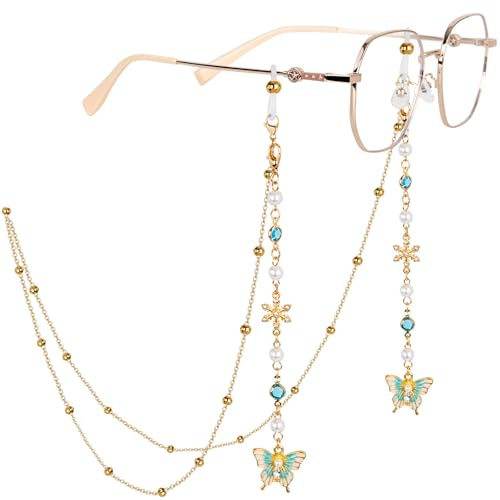 HONZUEN Chaine de Lunettes Femme Doré et Bleu – Cordon Sport Perlé avec Cristal Bleu et Breloque Papillon – Anti-Perte Style Esthétique pour Lunettes de Soleil et Lecture