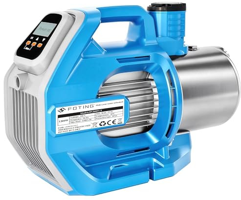 FOTING Bomba de jardín INOX - Bomba de riego alta presión con pantalla LCD y 3 botones, prefiltro (1300 W, caudal máx. 6000 l/h, presión 6 bar, altura máx. 60 m, aspiración 8 m)