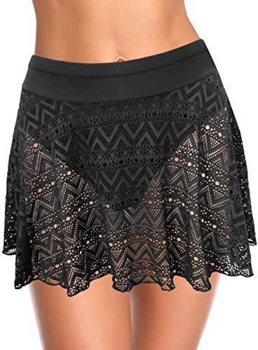 SHEKINI Gonna da Bagno Donna in Pizzo con Slip Interno Pantaloni da Bagno da Spiaggia Trasparente Gonna Corta a Vita Alta Slip Bikini di Base (Nero, M)