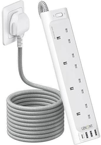 LENCENT Extension Lead with USB C Port, 4 Way Outlets Power Strip with 1 USB-C and 3 USB Slots, Multi Power Plug Extension Socket with 1.8M Braided Extension Cord for Home Office, 3250W 13A