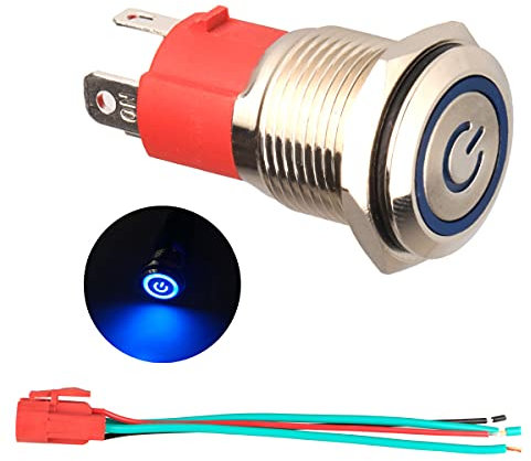 GUUZI 220 V / 15A Interruptor de Botón de Enclavamiento NO, Luz LED Azul Impermeable Iluminada 19mm Botón de Encendido de Metal con Cable de Enchufe