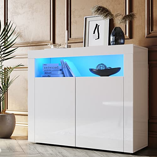 SONNI Aparador Comedor de Salón Blanco Brillo, 108x40x92 cm | Estilo Minimalista con Luz LED, Buffet Moderno, Armario Auxiliar de Almacenamiento, Mueble de Cocina Organizador,
