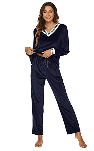 Ietaoo Completo Sportivo Donna Tute da Ginnastica da Donna Inverno Velluto 2 Pezzi Homewear Scollo a V Pullover + Pantaloni Tute Sportiva Casa Pigiama Set Blu Navy S