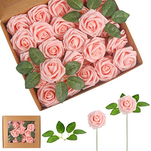DIYASY 50pcs Artificial Rose Flowers, Blush Pink Roses, Real Touch Foam Roses with Stem for Wedding, Bouquets, Party, Home Decoration