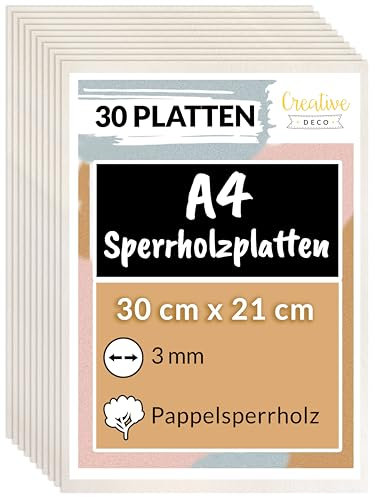 Creative Deco 30 x A4 Sperrholzplatte 3mm Pappelsperrholz | 300 x 210 (+/- 2) mm | Dünne Holz-Zuschnitte | Perfektes Blatt für Laubsäge, Brandmalerei, Laserschnitt, CNC Router, Durchbrochenes
