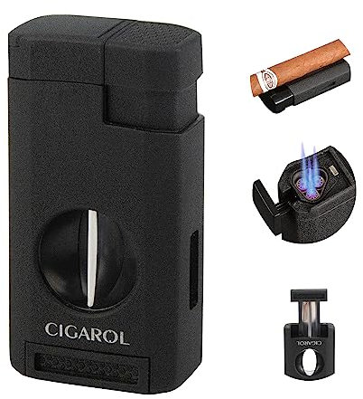 CIGAROL Feuerzeug, 3 in 1 Sturmfeuerzeug mit Zigarrenschneider V, 3 Jet Flamme Zigarrenfeuerzeug mit Geschenkbox, Tolle Geschenke für Männer (Kein Gas)