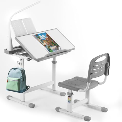 Clevich Höhenverstellbarer Schreibtisch und Stuhl Set, Kinderschreibtisch mit Lampe, Jugendschreibtisch, Multifunktionaler Schülerschreibtisch mit Stuhl und Schublade (Grau)
