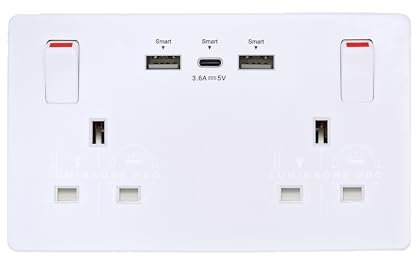 USB Type-C & USB-A Double Wall Socket – 13A 2 Gang, 35W Max Output, Modern Screwless White Design with Integrated Charging