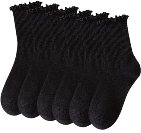 SKHAOVS 6 par svarta damstrumpor, volangstrumpor, söta strumpor, svarta strumpor, bomullsstrumpor för kvinnor, 6 par, one size