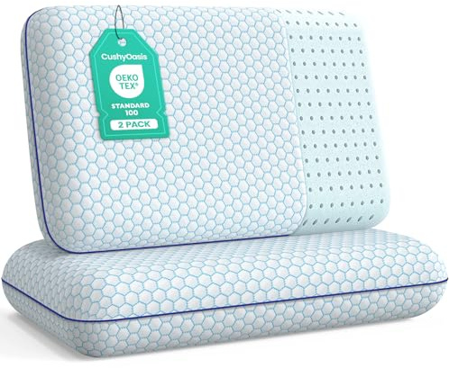 CushyOasis Lot de 2 oreillers en mousse à mémoire de forme pour dormeurs sur le côté, le dos et le ventre, avec housse lavable et maille respirante, oreiller de lit pour dormir (bleu, taille standard)