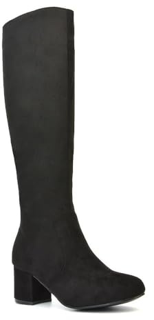 ESSEX GLAM Womens Knee High Boots Ladies Low Mid Block Heel Classic Calf Black Faux Suede Booties Size 7