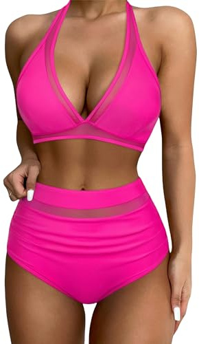 Happy Cherry Bikini Set for Women Two Piece Bathing Suit High Waisted Triangle Swimsuits Solid Color Cutout Swimwear XL