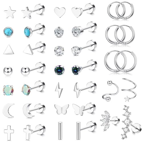 JeweBella 19 Paires Petites Boucles d'Oreilles Femme Acier Inoxydable Helix Piercing Oreille Hypoallergénique Étoile Lune Zircone Boucles d'oreilles Créoles Argent Lot Boucles d'oreilles Cartilage