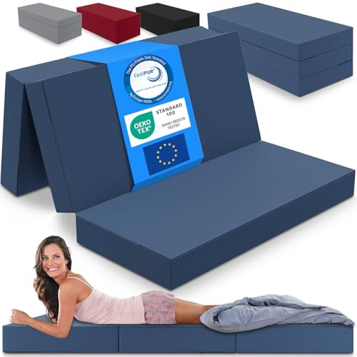 ELONEO Colchón Plegable, colchón para Invitados, colchón Plegable de 3 Piezas, Espuma Extra Gruesa (15 cm), Lavable, Plegable, Adultos (Azul, 140 x 195 x 15 cm)