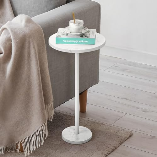 smusei Small Side Table 62.5Cmx32Cm White Side Table Living Room Small White Table Round MDF With Marble Base for Living Room Bedroom Cafe