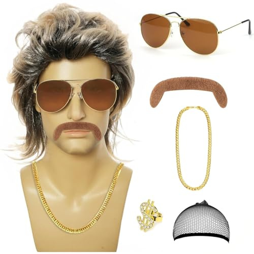 MIVORA Peluca Rubia de los 70s 80s 90s con Accesorios Hombres, Peluca Gafas de Sol Collar Hombres Carnaval Peluca Fiesta de Halloween Disfraces