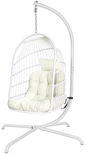 Silla Huevo con Soporte Ultra Fuerte y cojín Plegable de Mimbre y ratán Silla Colgante Silla de Interior al Aire Libre Silla Hamaca Silla de 330 Libras de Capacidad Balcón Porche Dormitorio Jardín