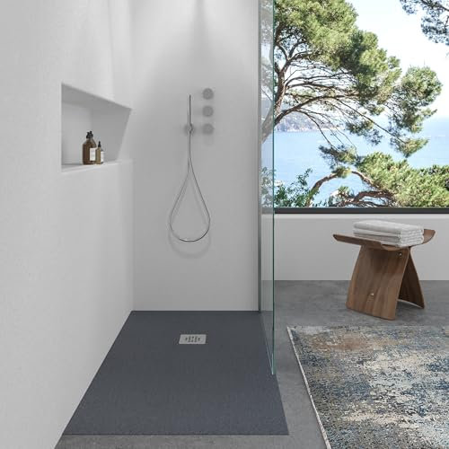 VAROBATH | Plato de Ducha Nolita – Material Resina con Carga Mineral y Textura Pizarra Antideslizante C3 – Incluye Válvula Desagüe y Rejilla (Grafito RAL-7015, 70x70)