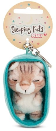 NICI-Llavero Sleeping Pets Gato atigrado de 8 cm en cestita, Color marrón, acompañante Fiel para Mochila o Bolso, para niños y Personas Adultas, 61608