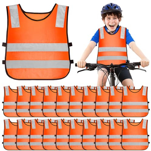 20 Pack Hi Vis Vests for Kids – Neon Orange Children High Visibility Reflective Safety Waistcoats, Bulk Set for School Trips, Cycling, Sports & Running - One Size