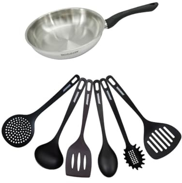 Fackelmann 9440950 Set poêle 24 cm en inox 18/8 et 6 ustensiles RPET, Poêle de cuisson, Poêle tous feux, Poêle induction, Poêle sans PFAS, Acier inoxydable 18/8, RPET, 24 cm