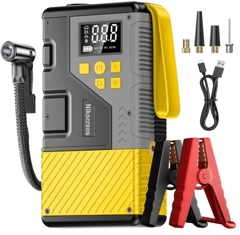 Avviatore Portatile per Auto con Compressore di Aria per Emergenze, 3000A di Picco e 150 PSI Massimo, per Motori a Gasolina da 12L e Diesel da 10L, Display LCD, Luce LED (Giallo)