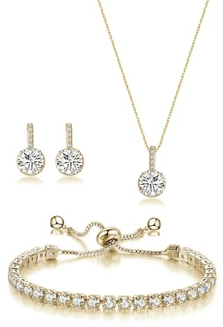 UDYLGOON Bridesmaid Jewelry Set Round Cubic Zirconia Earrings Necklace Bracelet Set for Women Wedding Party Prom Daily (Gold)