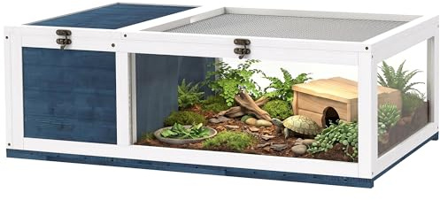 PawHut casa in legno per tartarughe, recinto per tartarughe con case principali, piano incernierato, gabbia per rettili da esterno, terrario per tartarughe, rettili, lucertole, serpenti, blu