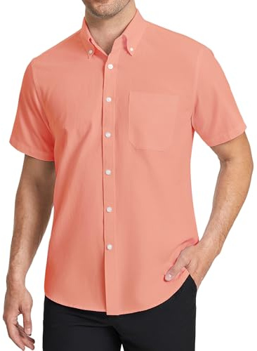 HISDERN Shirts for Men Oxford Formal Short Sleeve Orange Shirts Men Solid Button Down Shirt with Pocket Office Summer, XL