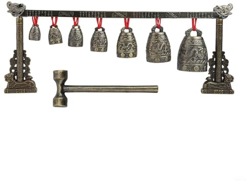 Chinesische Bronze Meditation Gong Set mit 7 verzierten Glocken, Legierung Percussion Instrument für Klangheilung und Entspannung, 410 x 170 x 50 mm