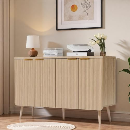 ComeWay 47.2 Modern Fluted Sideboard Cabinet with 4 Doors, Wood Storage Credenza with Shelves, Multi-Purpose Buffet Cabinet for Entryway, Dining & Living Room, Natural Wood