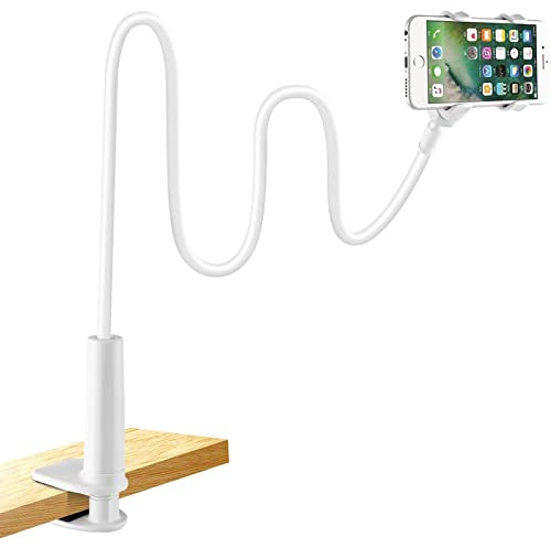 LONZOTH Cell Phone Holder, Gooseneck Phone Holder for Bed Clip Lazy Bracket Flexible Long Arm Clamp Mount Stand for iPhone 14 13 12 11 Pro Xs XR X 8 7, Samsung S10 S9, Smartphones - White