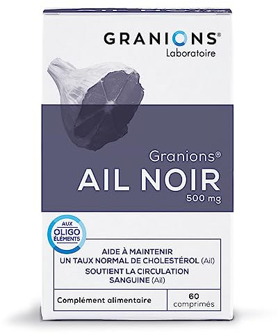 Ail Noir fermenté GRANIONS | Complement Alimentaire cholestérol | Riche en Ail noir fermenté 500 mg avec Selenium + Chrome | Anti cholesterol naturel | Made in France | 60 comprimés
