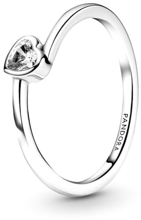 Pandora Anillo solitario con corazón ladeado transparente, talla 48