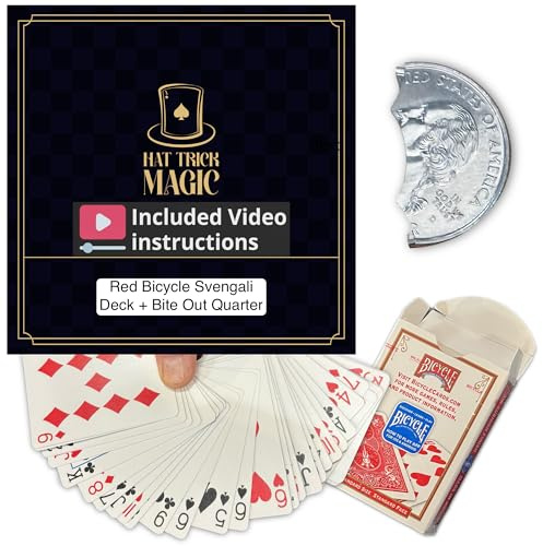 Hat Trick Magic Red Back Svengali Deck and Bite Out Quarter Trick Kit Includes Replacement Rubber Bands