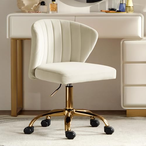 HULALA HOME Chaise de Bureau Moderne, Chaise Coquille, Fauteuil de Bureau en Velours, Siège Roulante Pivotante à Dossier Bas Réglable, pour Salle de séjour, Salle d'Etude, Tan