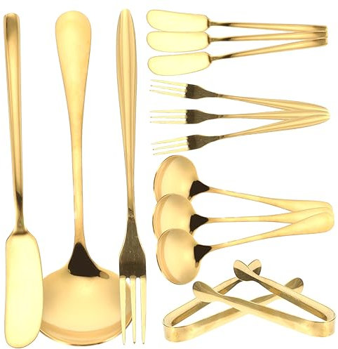 BESTonZON Ensemble de Couteaux à Tartiner Fromage en Acier Inoxydable Doré Couteaux à Beurre Polyvalents Fourchettes et Cuillères à Dessert Mini Pinces de Service Cuisine Domestique et Restaurant