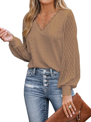 CUPSHE - Blusa con mangas de volante y encaje para mujer, con cuello en V, manga larga, estilo casual, con volantes en las puntas, blusa de encaje, blusa holgada, top de túnica, marrón, M