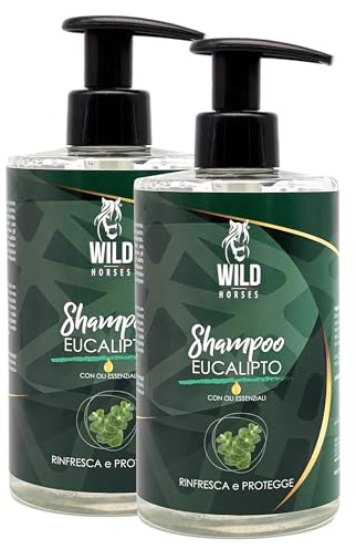 Wild Horses | Shampoo per Cavalli all'Eucalipto con Oli Essenziali, Rinfresca e Protegge, Elimina i Cattivi Odori, Barriera Naturale, Adatto a Tutti i Tipi di Manto, 2 x 500ml, Made in Italy