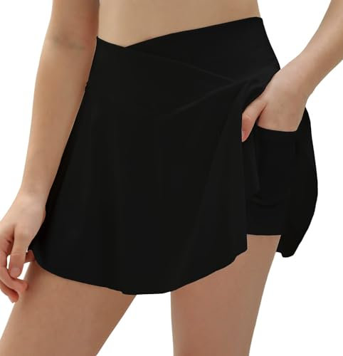 Haloumoning Tennisrock Mädchen Rock mit Hose Drunter Crossover High Waist Golf Skorts Sportrock für Kinder Sommer A-Linie Kurz Hosenrock Breezeful Falten Röcke Schwarz 10-11 Jahre